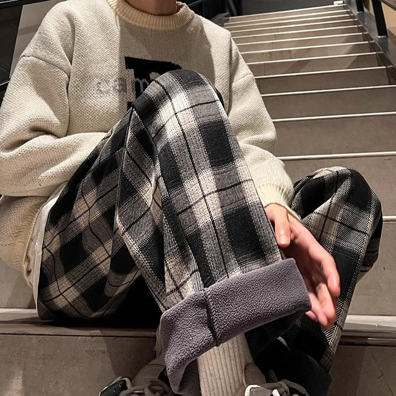 特大码300斤加绒裤子男女秋冬日系格子宽松阔腿垂感直筒休闲长裤2,淘宝优惠券,粉丝福利购,淘宝优惠卷