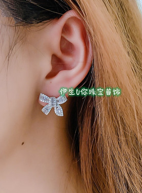 进口莫桑石兔耳蝴蝶结玫瑰金耳钉