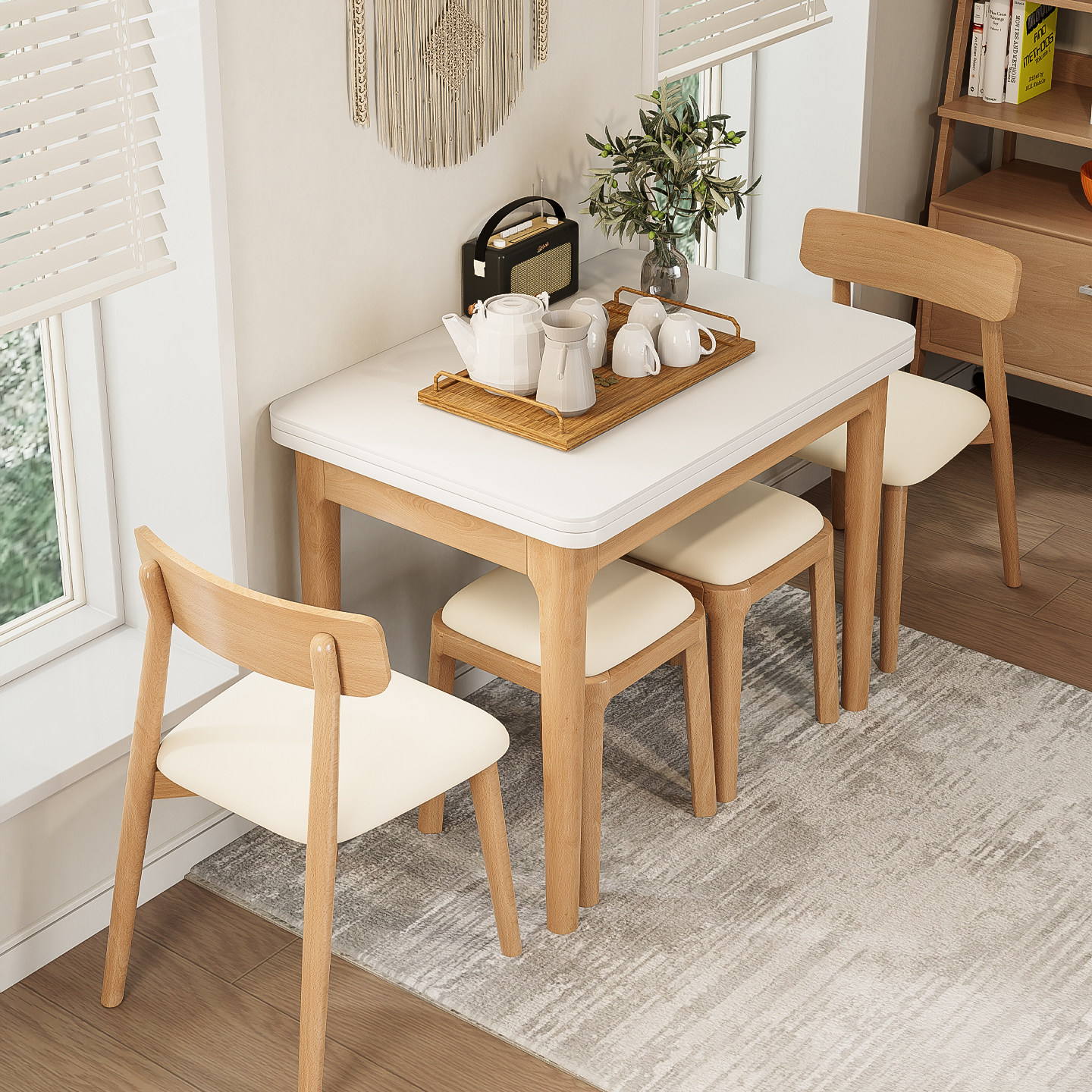 奶油风岩板家用实木餐桌椅组合小户型折叠多功能靠墙方形吃饭桌,淘宝优惠券,粉丝福利购,淘宝优惠卷