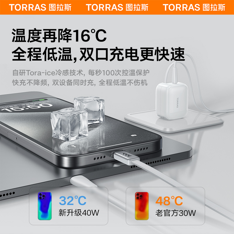 图拉斯小冰块Yoga适用苹果充电器头iPhone15ProMax自带伸缩线40W氮化镓双口快充typec手机iPad平板正品一套装