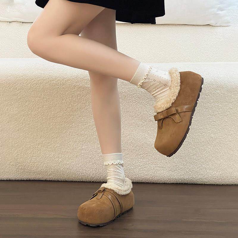 绒面拼接细蝴蝶结毛绒勃肯鞋女2026加绒保暖厚底内增高一脚蹬单鞋,淘宝优惠券,粉丝福利购,淘宝优惠卷