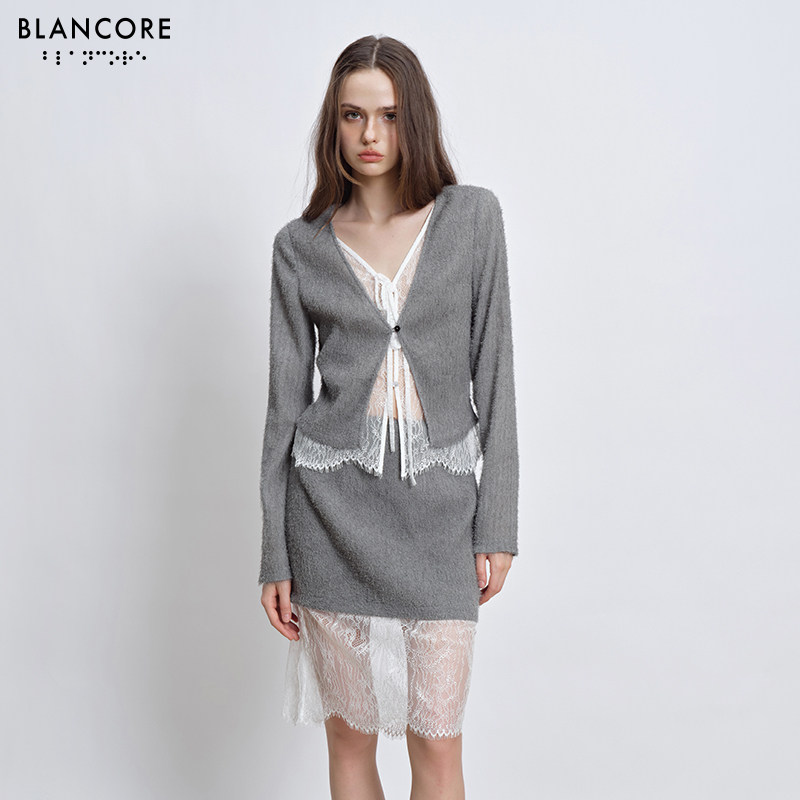 【明星同款BLANCORE】V领镂空蕾丝拼接假两件针织衫开衫上衣女,淘宝优惠券,粉丝福利购,淘宝优惠卷