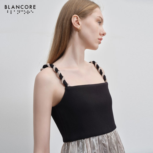 【设计师品牌BLANCORE】2024夏季新款褶皱纱质拼接扭绳吊带连衣裙 - 图1