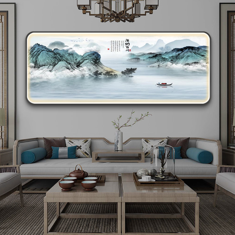 新中式客厅沙发背景墙装饰画带灯发光led灯壁画横版大气山水挂画 - 图1