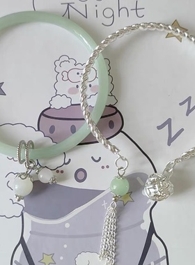 原创绿色银色手镯女小众设计感古风复古高级感手环手链流苏手饰