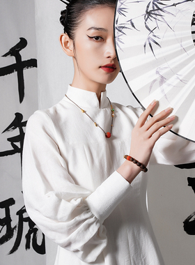 LEFTGO左戈沉香手串女款S925纯银国风如意福牌南红转运珠文玩手串