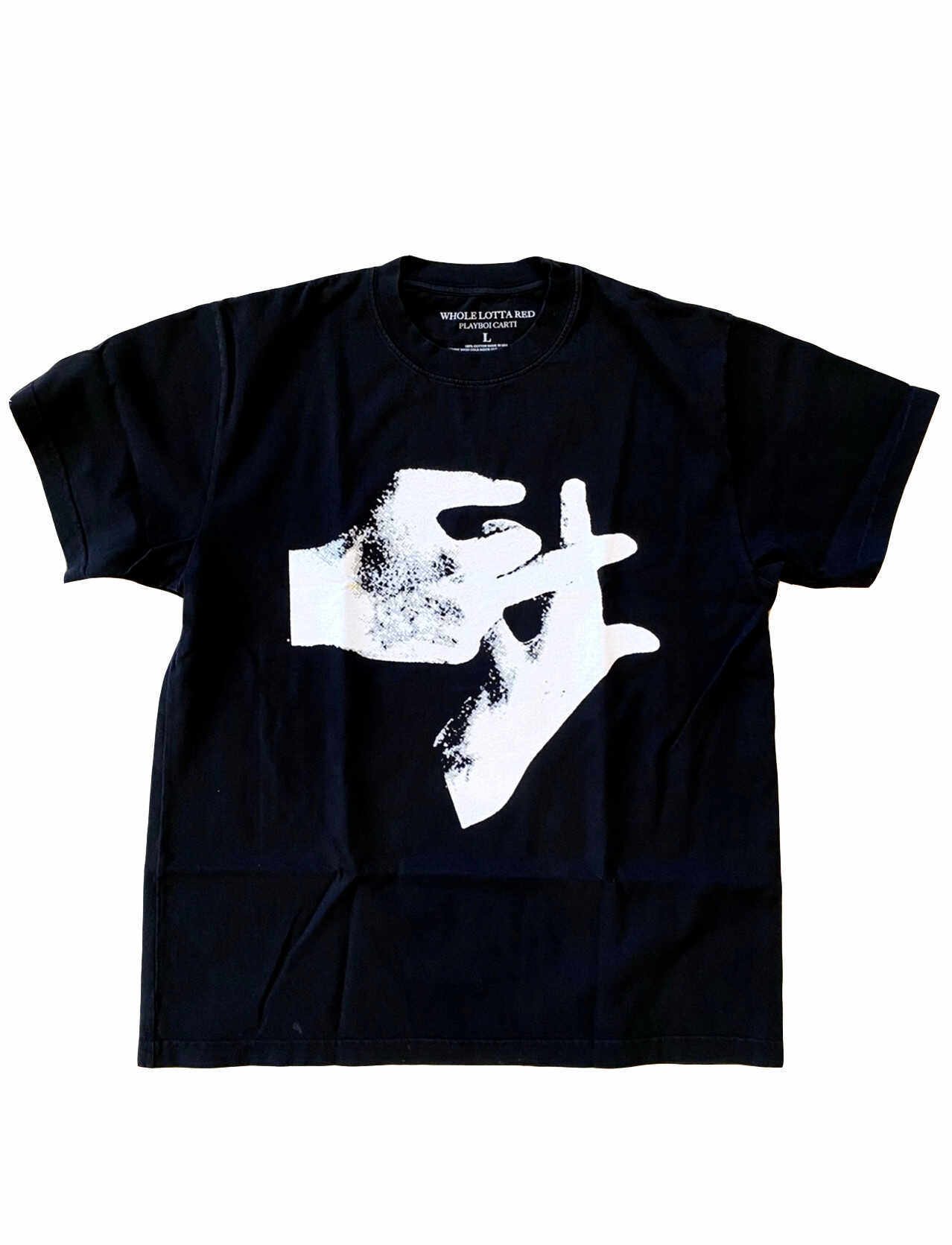 KKPLAYBOI CARTI WHOLE LOTTA RED loose short-sleeved T-shirt with middle finger gesture