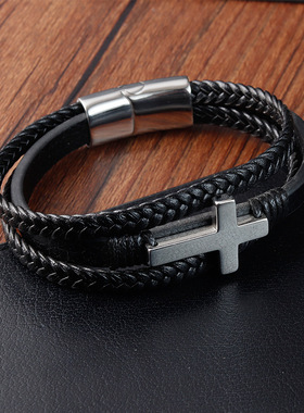 欧美皮手链不锈钢皮革编织手镯