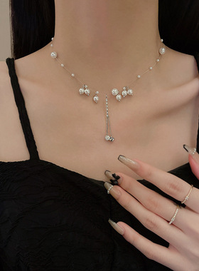 欧美超仙锆石流苏项链女高级感复古珍珠鱼线锁骨链百搭辣妹首饰