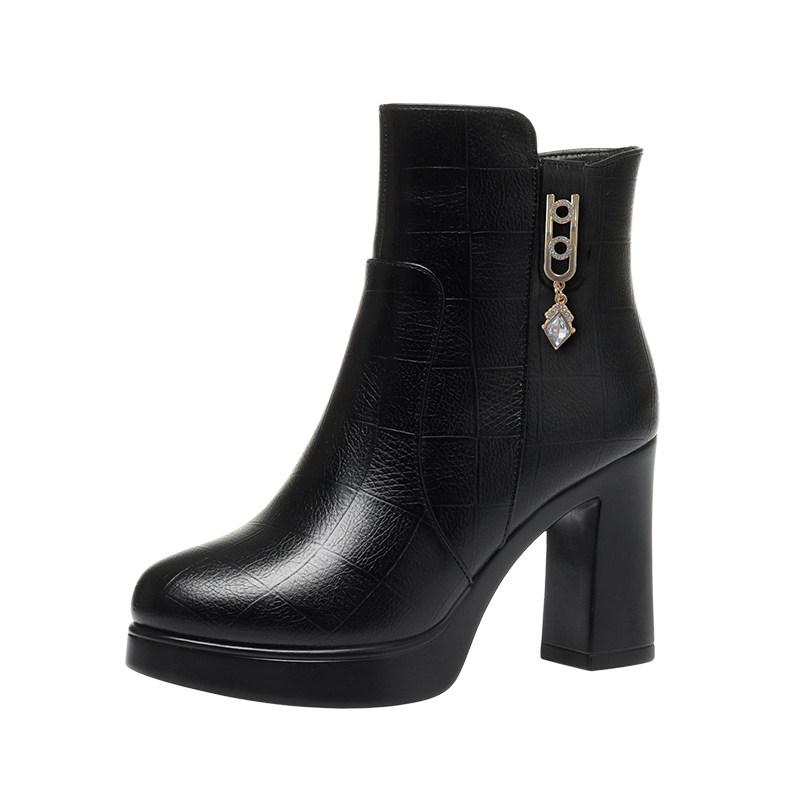 高跟鞋2024新款冬季短筒靴女加绒棉鞋黑色气质粗跟真皮保暖妈妈鞋,淘宝优惠券,粉丝福利购,淘宝优惠卷