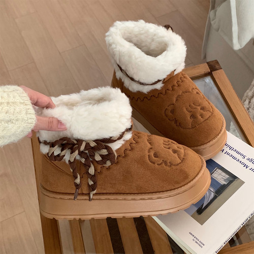 细细条 保暖厚底可爱东北棉靴Mikko联名小猫防滑加绒冬季雪地靴女 - 图0