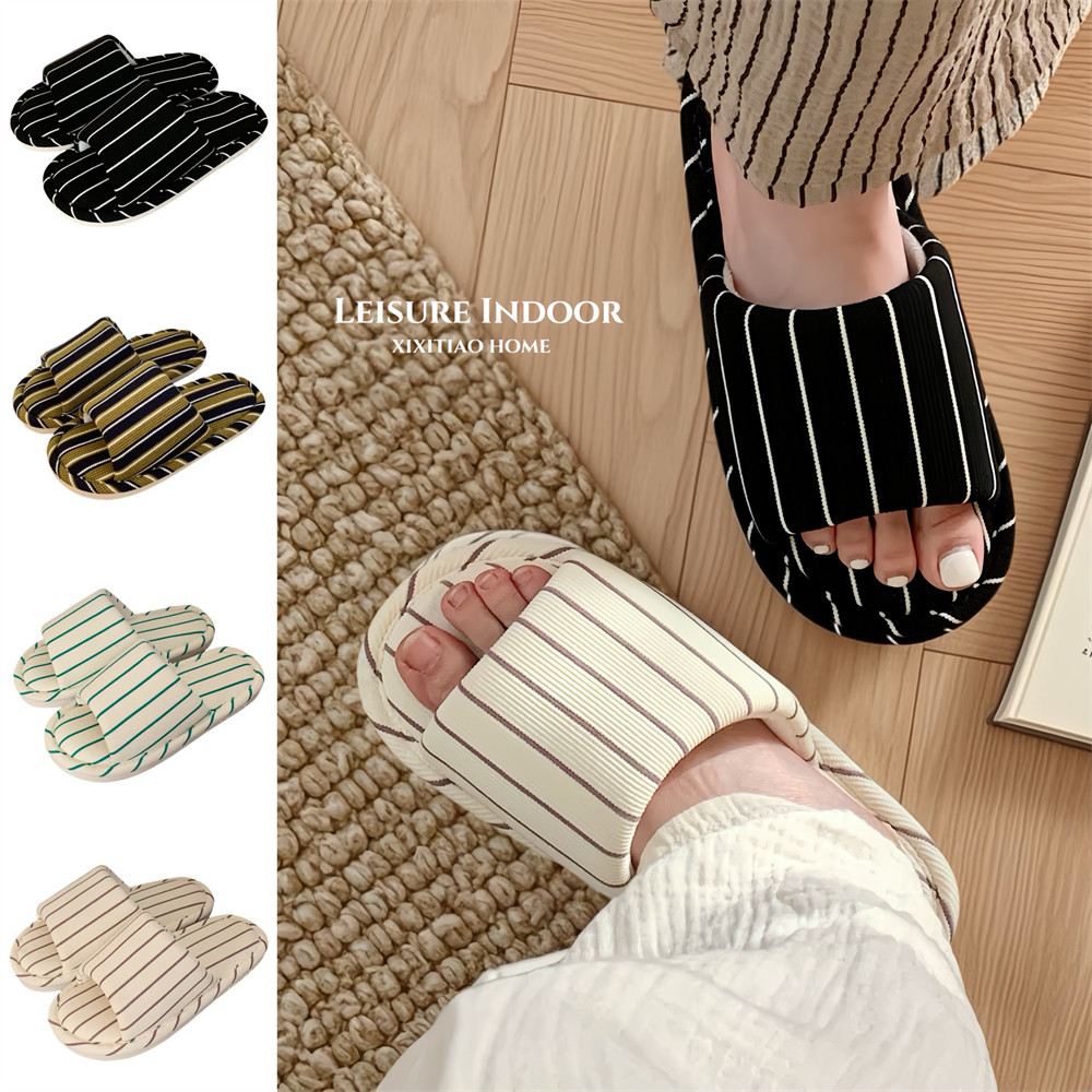 细细条 百搭女士地板鞋简约条纹舒适新款四季通用软底ins棉麻拖鞋,淘宝优惠券,粉丝福利购,淘宝优惠卷