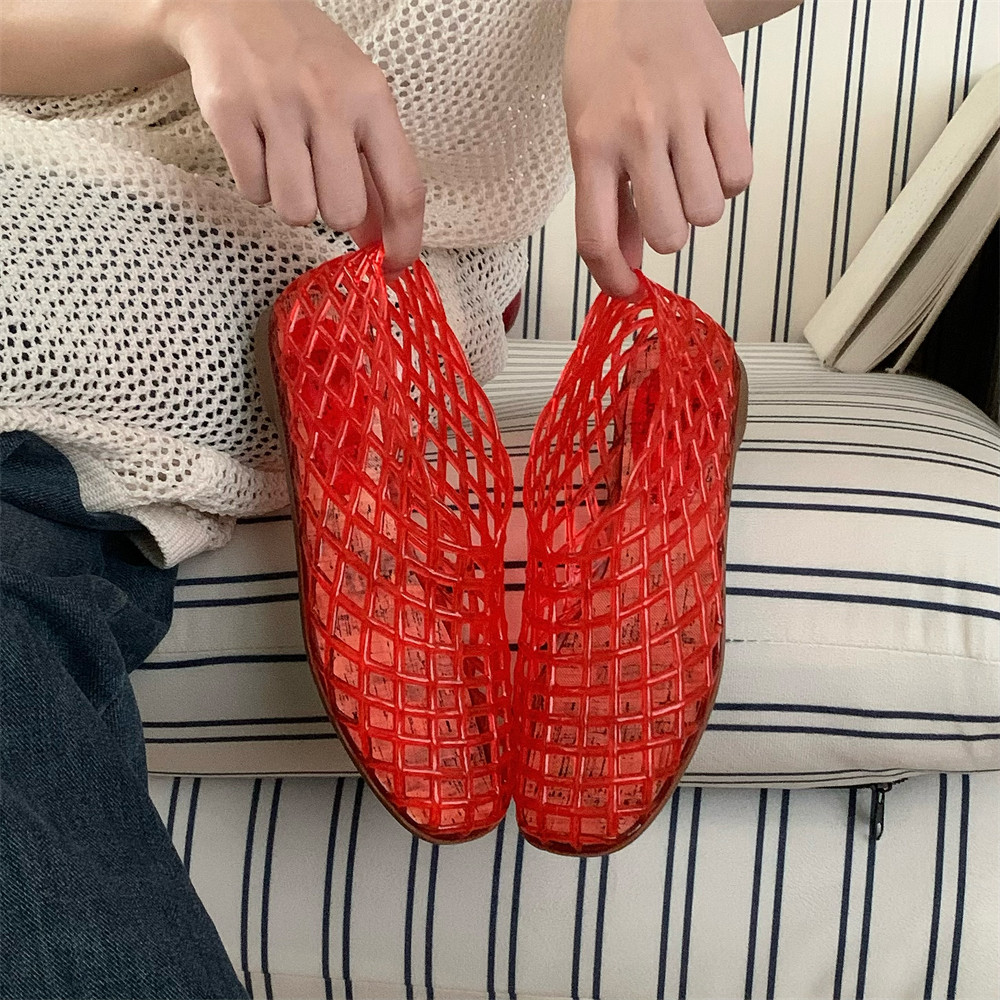 细细条平底果冻鞋水晶凉鞋时尚镂空网格小众网红包头洞洞鞋女夏,淘宝优惠券,粉丝福利购,淘宝优惠卷