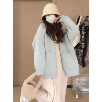 Light blue V collar knit cardiovert 2022 early spring new Korean version loose display slim 100 lap long sleeve jacket jacket