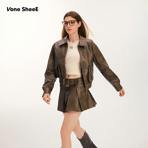 Vone SheeE 美式复古擦色皮裙百褶半身裙女辣妹短款a字裙2025新款 - 图0