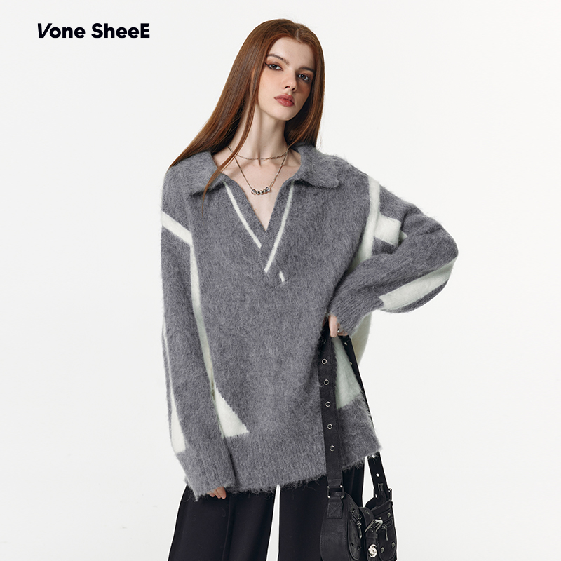 Vone SheeE 拉毛工艺慵懒风加厚拼接黑粉撞色V领polo毛衣女秋冬