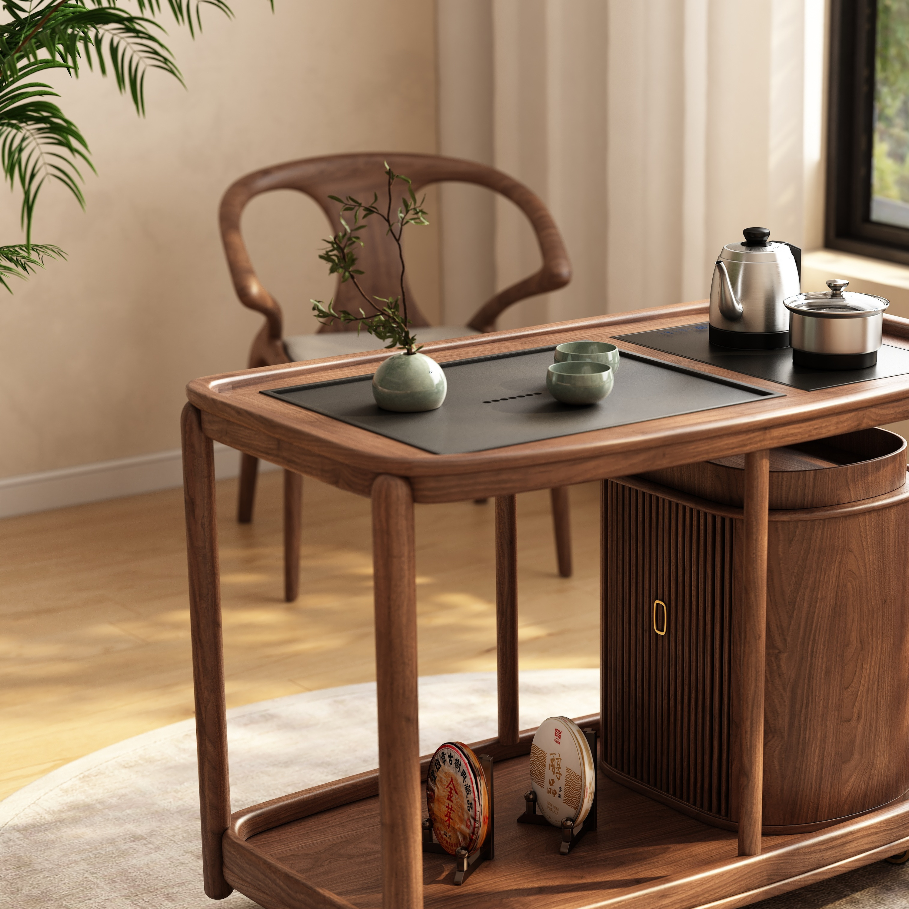 实木阳台茶桌家用小户型现代简约新中式茶台桌黑胡桃色移动小茶车 - 图3