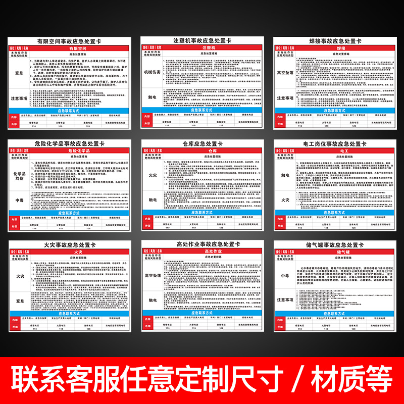 事故应急处置卡 应急预案处置卡 岗位现场牌子警示牌标识牌墙贴 提示牌 安全火灾触电事故危险化学品泄漏方案