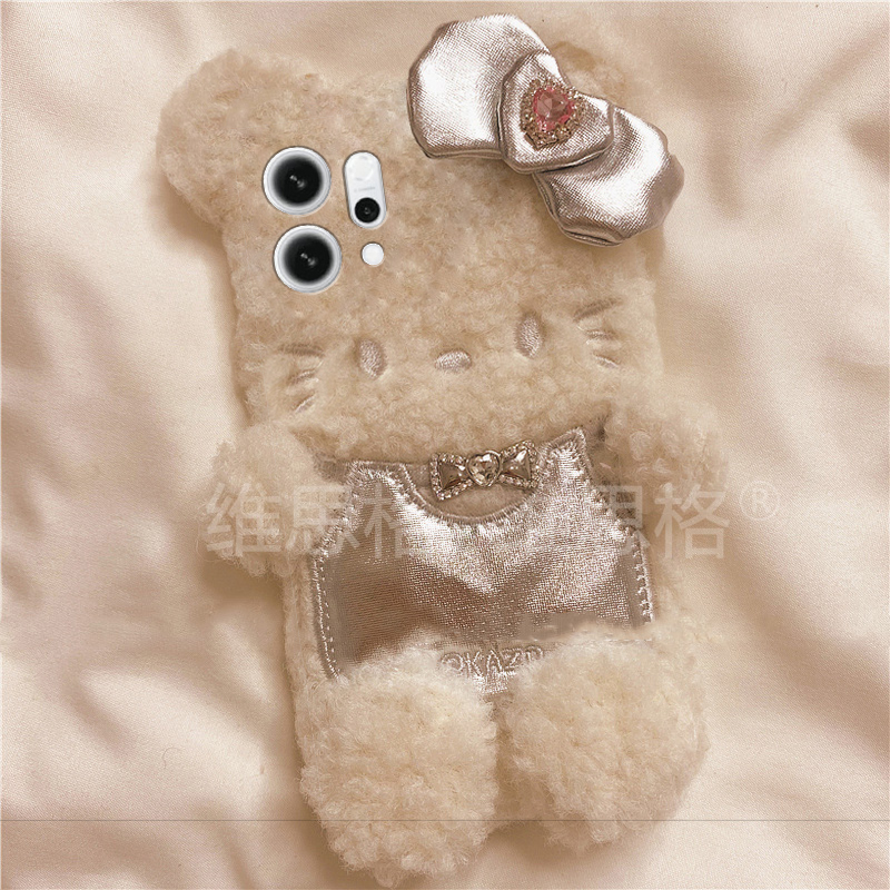背带裤蝴蝶结kt猫适用opporeno14手机壳reon13呆萌12pro可爱11秋冬季10por+十9毛绒7se毛茸茸5k卡通4se软oppo - 图2