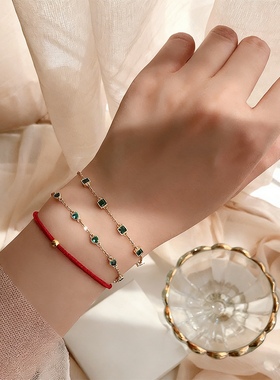 S925纯银祖母绿手链女款轻奢时尚精致绿宝石极简手饰品礼物送女友