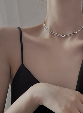 925纯银黑色方牌项链新款原创拼接女款锁骨链颈链生日送女友礼物