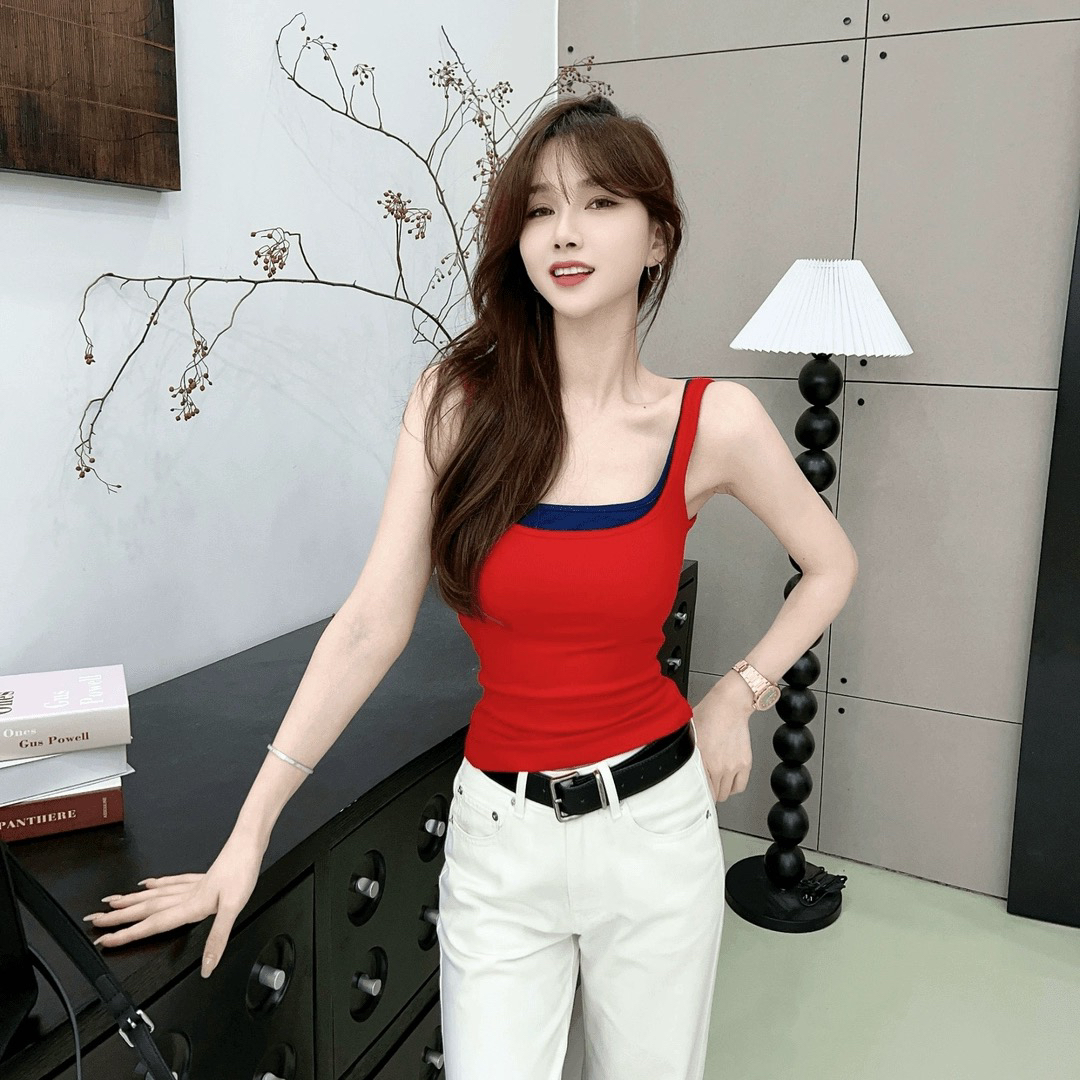 卡卡女装官方旗舰店正品双拼慕斯撞色假两件带胸垫一体杯吊带背心