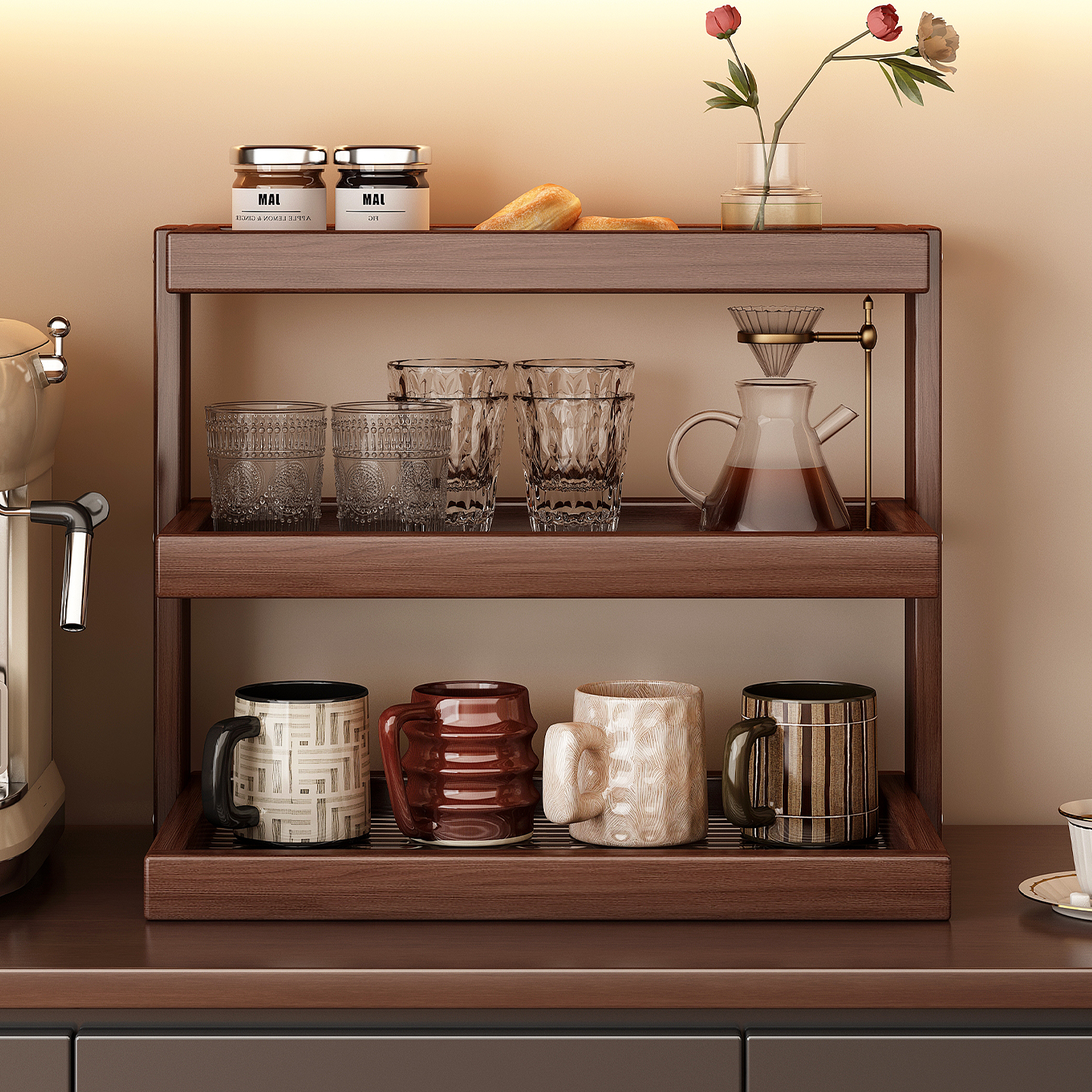 桌面杯架中古水杯置物架餐桌台面杯子收纳茶杯架咖啡架转角展示架