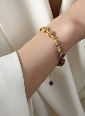 欧美秋冬复古铜材质链子饰品搭配灰色淡水珍珠玛瑙串珠手链手饰女