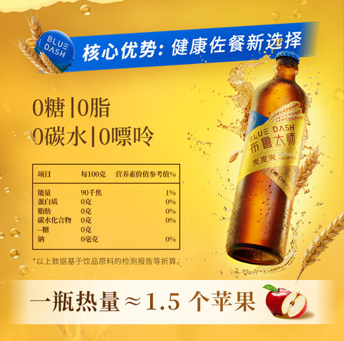 布鲁大师BLUEDASH麦麦爽元麦风味0糖0嘌呤0脂500ml瓶装气泡酒礼盒 - 图1