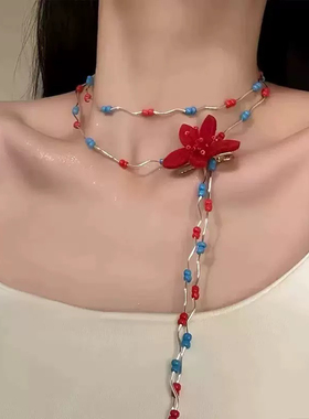 干枯玫瑰复古氛围感酒红花朵项链女轻奢小众高级感气质锁骨链颈链