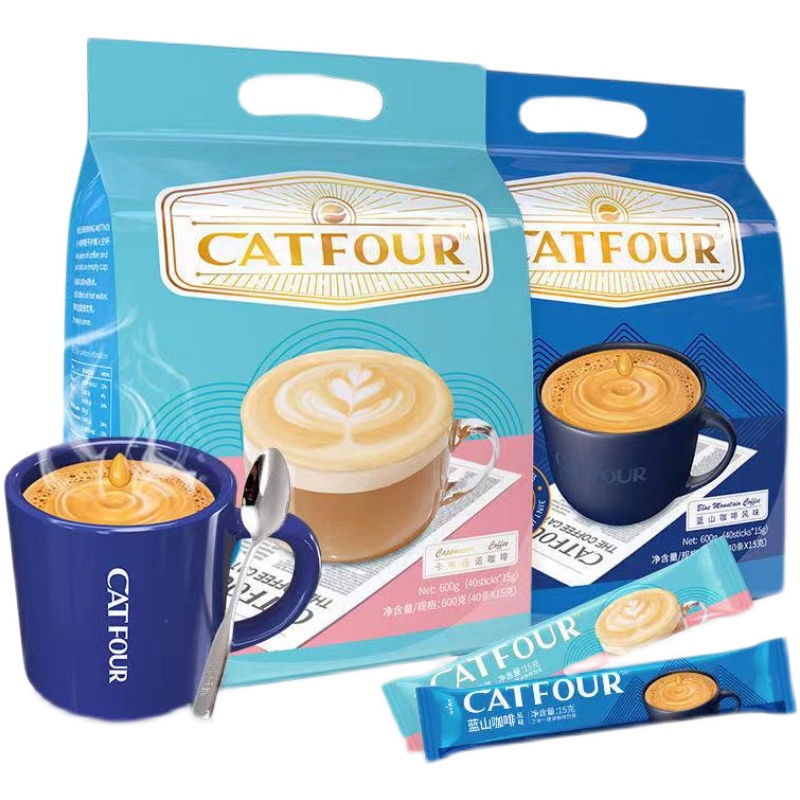 Catfour琎口蓝山咖啡40条风味 特浓速溶咖啡粉卡布奇诺三合一提神 - 图3