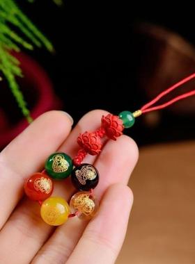 五路财神天然红朱砂莲花男女玛瑙五色转运珠手机红绳挂件随身挂坠