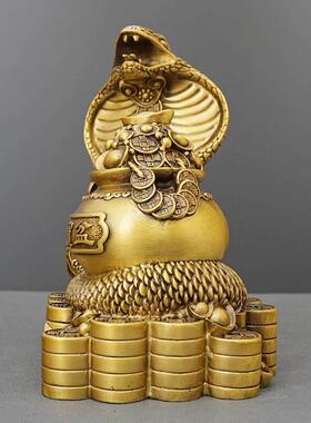 福蛇聚财黄铜生肖蛇聚宝盆蛇福蛇家居吉祥物工艺礼品摆件桌面摆件