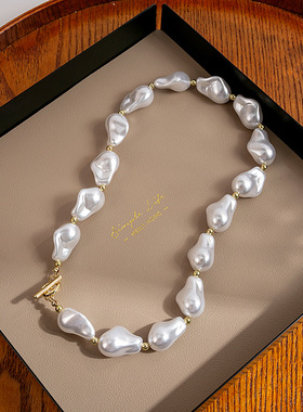 法式复古大颗不规则巴洛克珍珠项链OT锁扣夸张手链古巴链饰品女