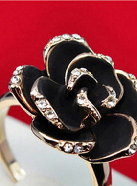 j622 义乌厂家直销 韩国进口饰品 镶钻黑玫瑰花开口戒指