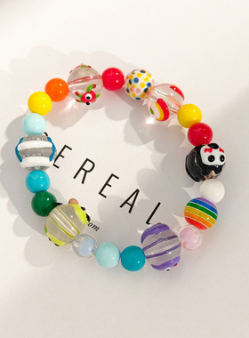 创意卡通涂鸦可爱熊猫狗串珠手链 甜美感树脂马卡龙手饰