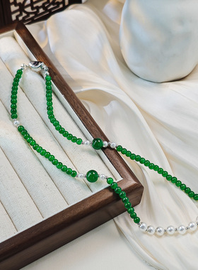 新中式民族风祖母绿多层珍珠项链 复古国风气质显白串珠锁骨链女