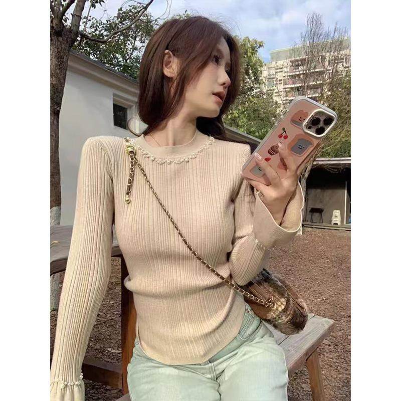 绝美钉珠高级打底衫女秋冬法式喇叭袖针织衫内搭修身毛衣洋气上衣,淘宝优惠券,粉丝福利购,淘宝优惠卷