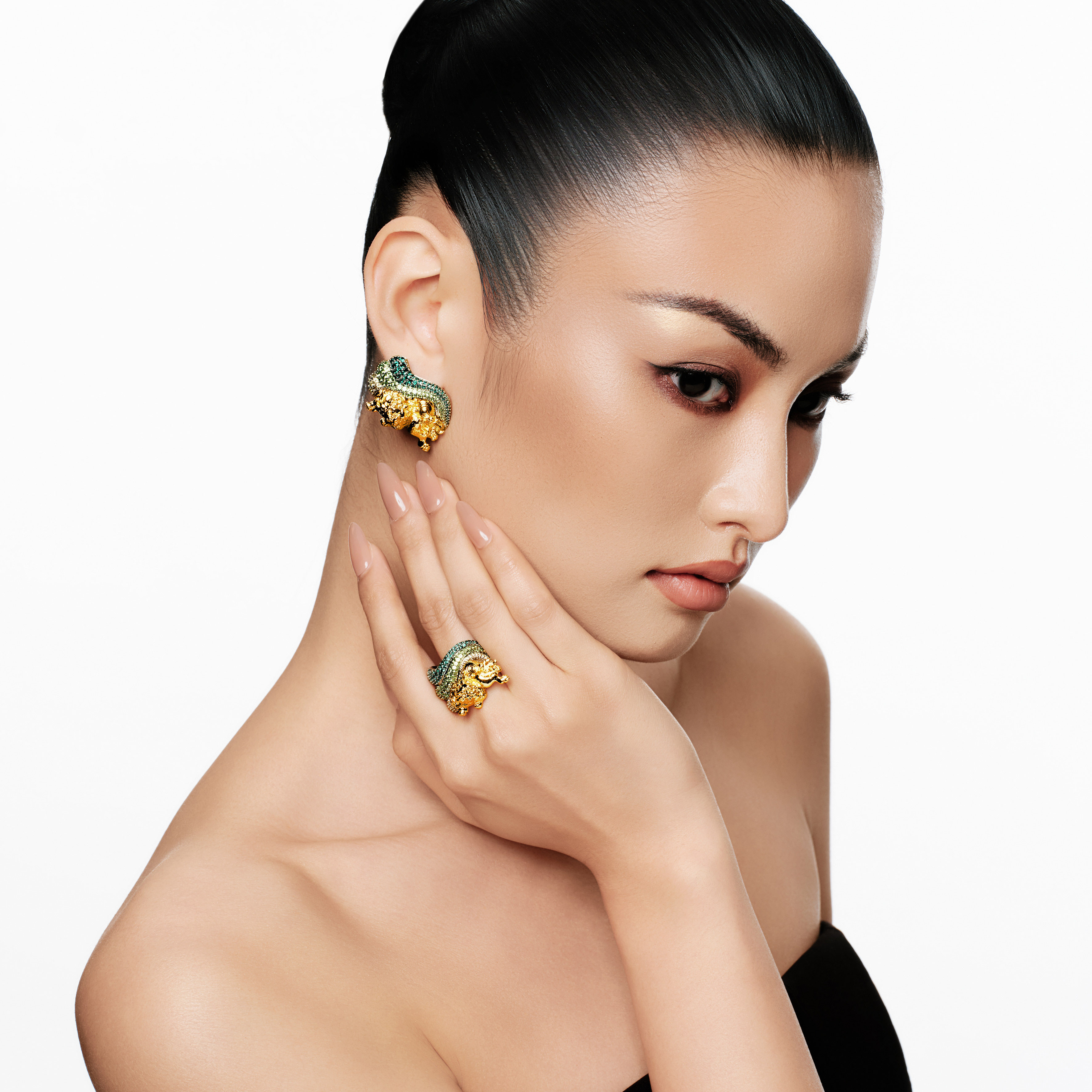 MOH Gold Label Gold Fu Shi Green Crystal Stacked Ring