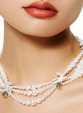 MOH燕形白贝母三层重叠珍珠项链