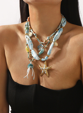 ZN0642跨境蓝色花布度假风海星项