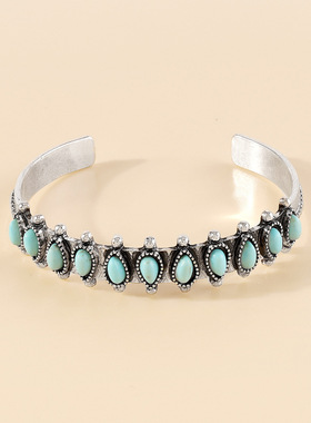 波西米亚民族风创意开口高端手镯 复古合金银色绿松石几何手环女