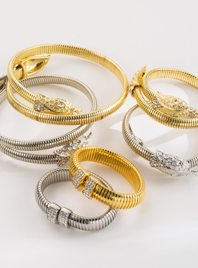 欧美嘻哈朋克风金属风蛇形颈链 夸张时尚镶钻可调节条纹项链手镯