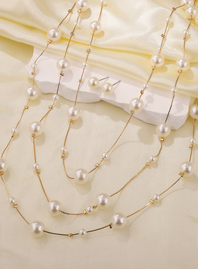 跨境法式新款轻奢珍珠多层高端项链女 优雅小香风设计感耳环颈链