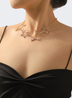 跨境时尚五角星闪钻项链复古优雅