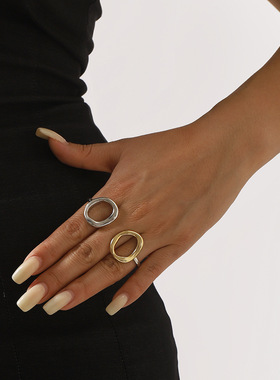 新款时尚流行几何镂空圆形戒指女