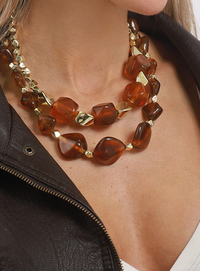 复古琥珀色树脂合金拼接项链秋冬