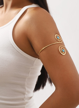 欧美镂空月牙金属开口臂环高端手镯女 复古民族风螺旋绿松石手饰