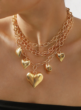 欧美跨境嘻哈金属风爱心吊坠链条