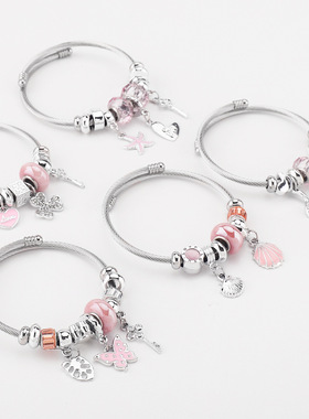 银色可调节钛钢高端创意串珠手镯女 时尚粉色系挂饰情侣闺蜜手环